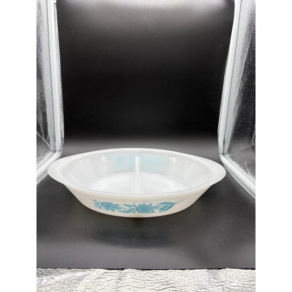 Vintage Glassbake Blue Thistle Divided Serving Dish‎